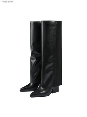 Knee High Fold Over Pointed Toe Faux Leather Block Heel Boots